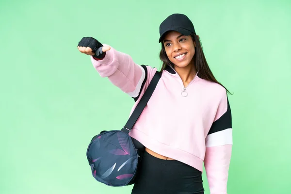 Young Sport African American Woman Sport Bag Isolated Chroma Key — 图库照片