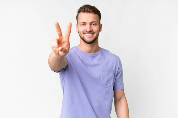 Young Handsome Caucasian Man Isolated White Background Smiling Showing Victory — Stock Photo, Image