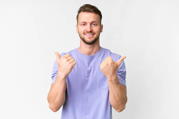 Young Handsome Caucasian Man Isolated White Background Thumbs Gesture Smiling — 스톡 사진
