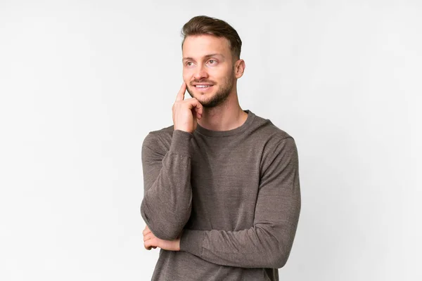 Young Handsome Caucasian Man Isolated White Background Thinking Idea While — 스톡 사진