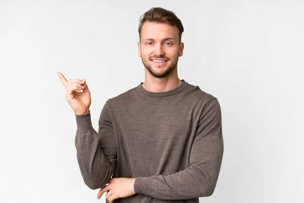 Young Handsome Caucasian Man Isolated White Background Happy Pointing — Zdjęcie stockowe