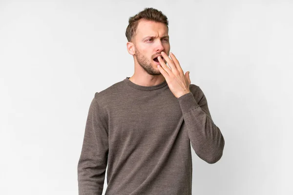 Young Handsome Caucasian Man Isolated White Background Yawning Covering Wide — Stock Photo, Image