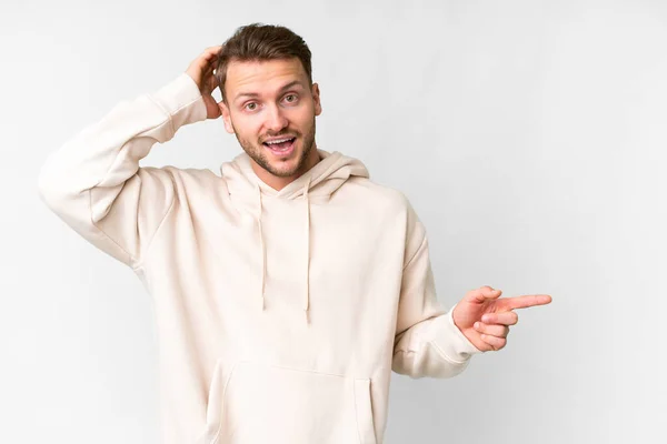 Young Handsome Caucasian Man Isolated White Background Surprised Pointing Finger — Stock Photo, Image