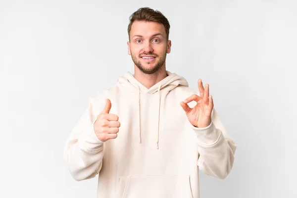 Young Handsome Caucasian Man Isolated White Background Showing Sign Thumb — 스톡 사진