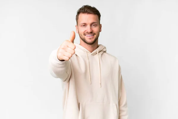 Young Handsome Caucasian Man Isolated White Background Thumbs Because Something — Stock Photo, Image