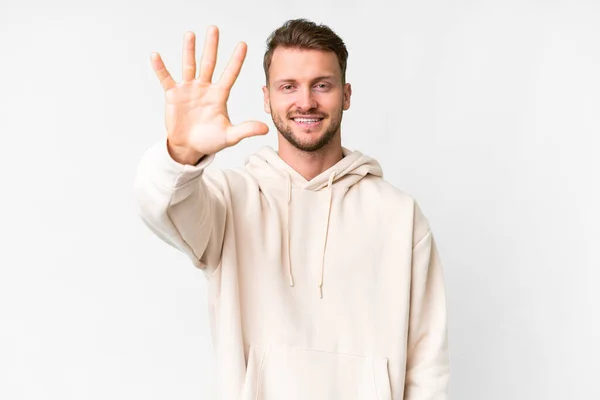 Young Handsome Caucasian Man Isolated White Background Counting Five Fingers — Stock Photo, Image
