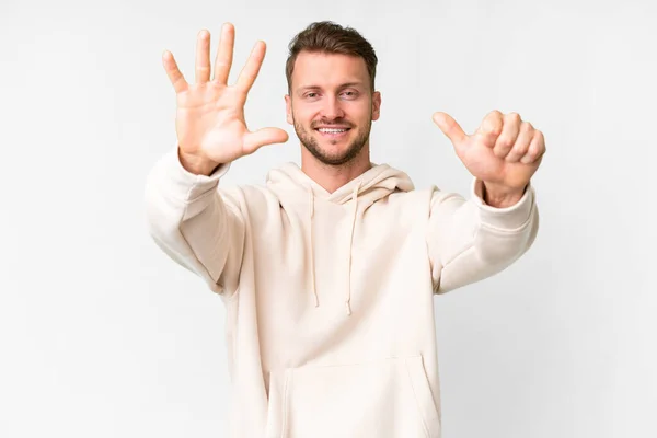 Young Handsome Caucasian Man Isolated White Background Counting Six Fingers — Stock Photo, Image