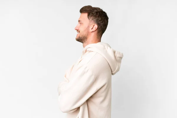Jonge Knappe Blanke Man Geïsoleerde Witte Achtergrond Laterale Positie — Stockfoto
