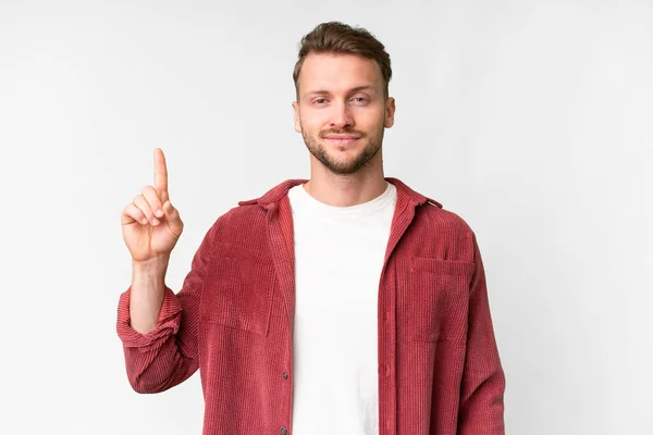 Young Handsome Caucasian Man Isolated White Background Showing Lifting Finger — Zdjęcie stockowe