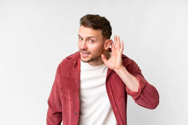 Young Handsome Caucasian Man Isolated White Background Listening Something Putting — Stock Photo, Image