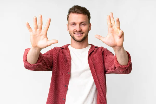Young Handsome Caucasian Man Isolated White Background Counting Nine Fingers — 스톡 사진