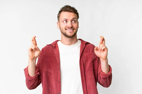 Young Handsome Caucasian Man Isolated White Background Fingers Crossing — Stock fotografie