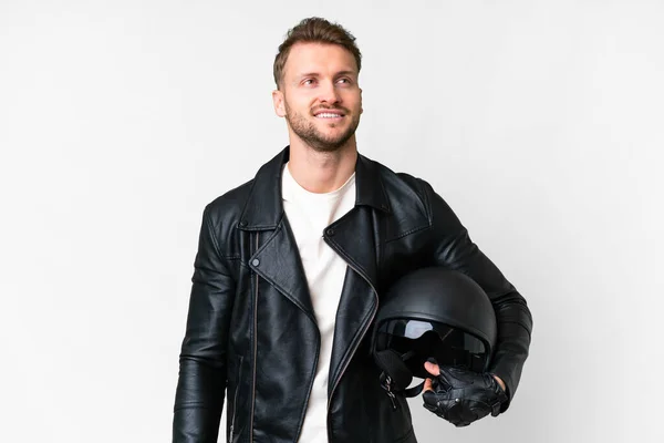 Young Caucasian Man Motorcycle Helmet Isolated White Background Thinking Idea — Foto Stock