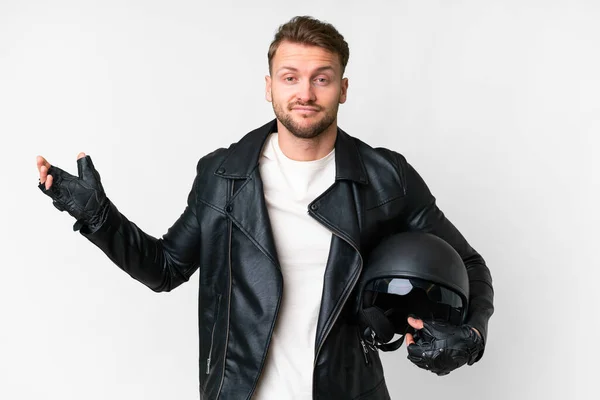 Young Caucasian Man Motorcycle Helmet Isolated White Background Having Doubts — Photo