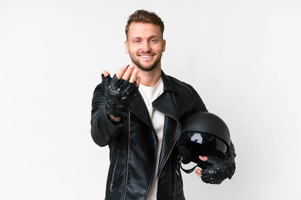 Young Caucasian Man Motorcycle Helmet Isolated White Background Inviting Come — Photo