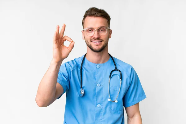 Young Nurse Man Isolated White Background Showing Sign Fingers — Stock Photo, Image