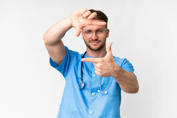 Young Nurse Man Isolated White Background Focusing Face Framing Symbol — Stock Photo, Image