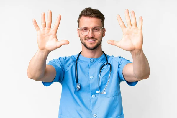 Young Nurse Man Isolated White Background Counting Ten Fingers — Stock Photo, Image