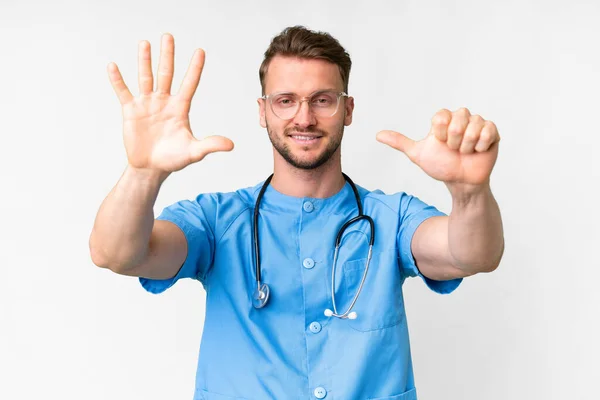 Young Nurse Man Isolated White Background Counting Six Fingers — Stock Photo, Image