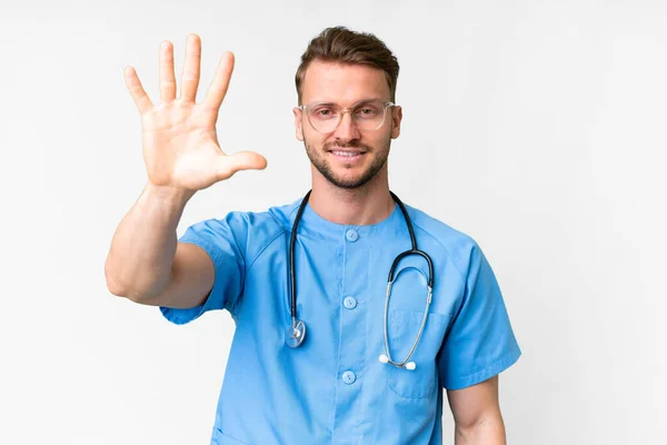 Young Nurse Man Isolated White Background Counting Five Fingers — Stock Photo, Image