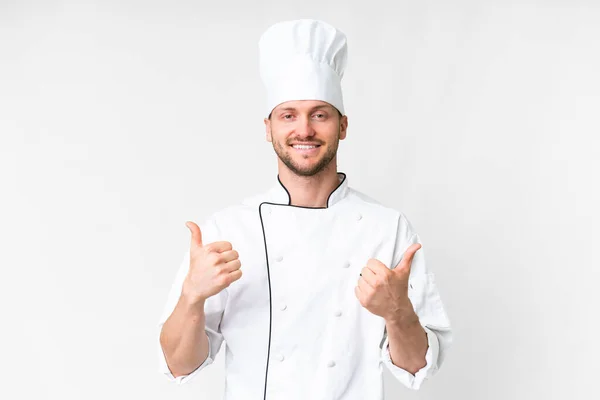 Jovem Chef Caucasiano Sobre Fundo Branco Isolado Com Polegares Para — Fotografia de Stock
