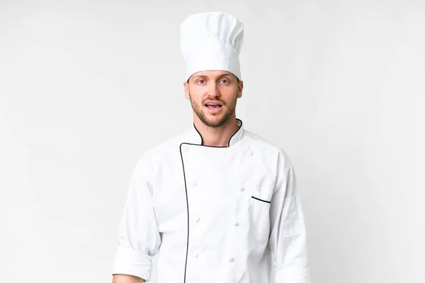 Jovem Chef Caucasiano Sobre Fundo Branco Isolado Com Expressão Facial — Fotografia de Stock
