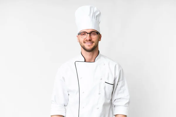 Young Caucasian Chef Isolated White Background Glasses Happy — Zdjęcie stockowe
