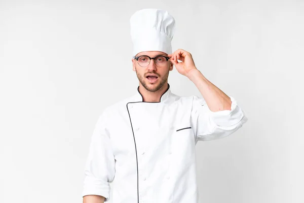 Young Caucasian Chef Isolated White Background Glasses Surprised —  Fotos de Stock