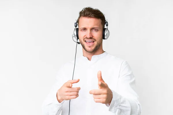Telemarketer Caucasian Man Working Headset Isolated White Background Pointing Front — Stock Photo, Image