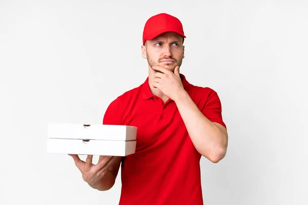 Pizza Delivery Man Work Uniform Picking Pizza Boxes Isolated White — Stock fotografie