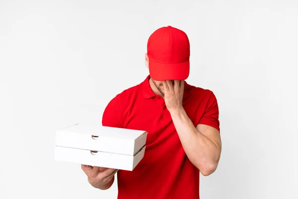 Pizza Uomo Consegna Con Uniforme Lavoro Raccogliendo Scatole Pizza Sfondo — Foto Stock