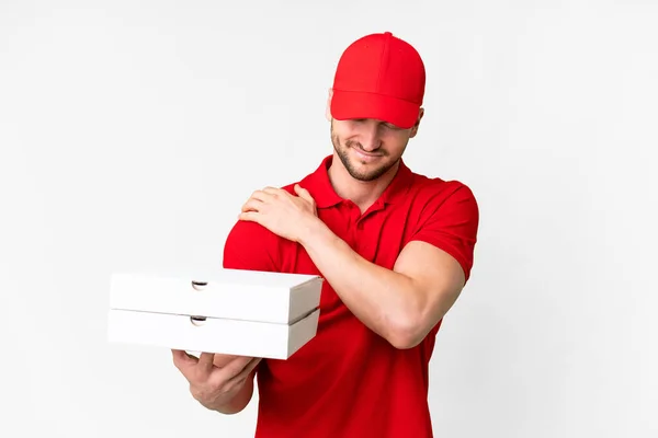 Pizza Delivery Man Work Uniform Picking Pizza Boxes Isolated White — Photo