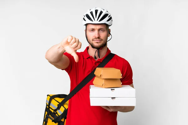 Young Delivery Man Taking Takeaway Food Isolated White Background Showing — Stock Photo, Image