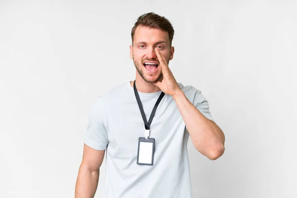 Young Caucasian Man Card Isolated White Background Shouting Mouth Wide — Stock Photo, Image