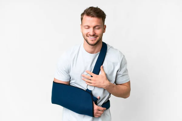 Young Caucasian Man Broken Arm Wearing Sling Isolated White Background — Stock Photo, Image