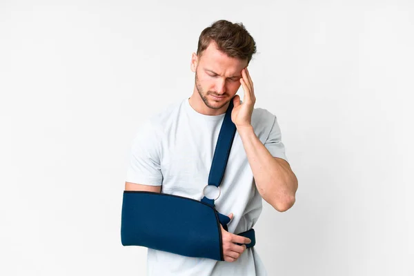 Young Caucasian Man Broken Arm Wearing Sling Isolated White Background — Stock Photo, Image