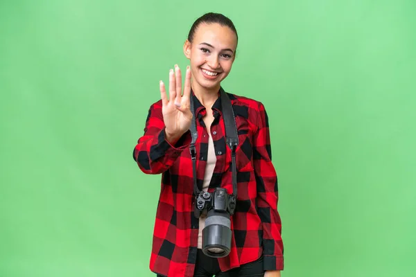 Joven Fotógrafa Árabe Sobre Fondo Aislado Feliz Contando Cuatro Con —  Fotos de Stock