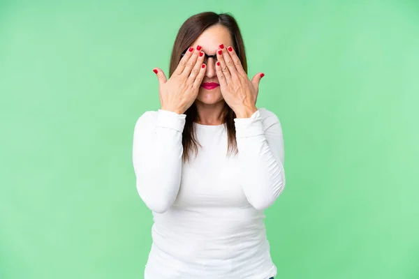 Middle Age Woman Isolated Chroma Key Background Covering Eyes Hands — Photo