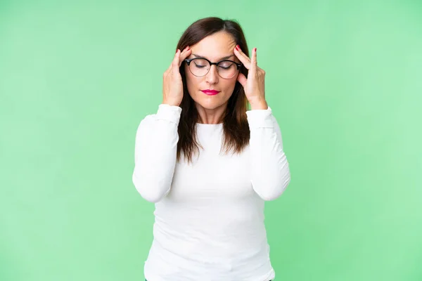 Middle Age Woman Isolated Chroma Key Background Headache — Stock Photo, Image