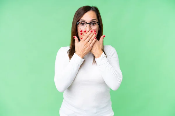 Middle Age Woman Isolated Chroma Key Background Covering Mouth Hands — Stock Photo, Image