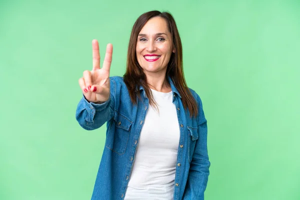 Middle Age Woman Isolated Chroma Key Background Smiling Showing Victory —  Fotos de Stock