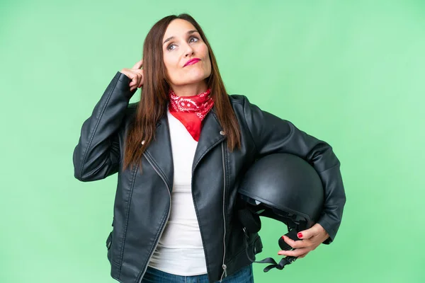 Middle Age Caucasian Woman Motorcycle Helmet Isolated Chroma Key Background — Fotografia de Stock