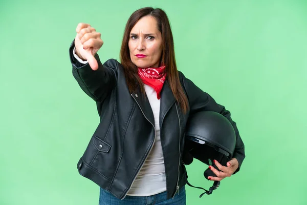 Middle Age Caucasian Woman Motorcycle Helmet Isolated Chroma Key Background — Stock Photo, Image