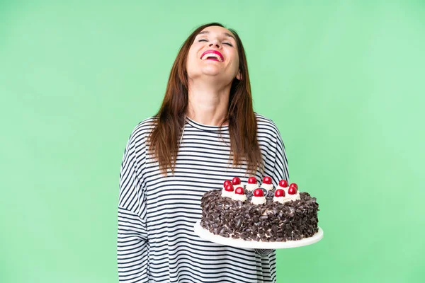 Middle Age Caucasian Woman Holding Birthday Cake Isolated Chroma Key — Stock fotografie