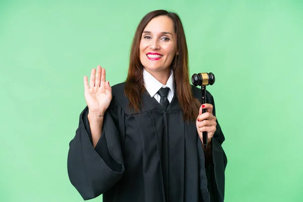 Judge Caucasian Woman Isolated Background Saluting Hand Happy Expression — 스톡 사진