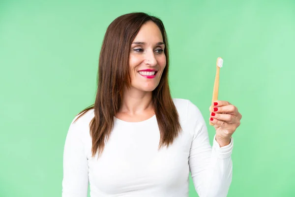 Middle Age Woman Brushing Teeth Isolated Chroma Key Background Happy — Photo