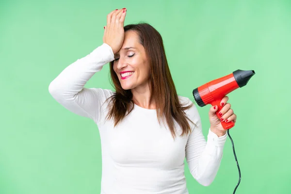 stock image Middle age woman holding a hairdryer over isolated chroma key background has realized something and intending the solution