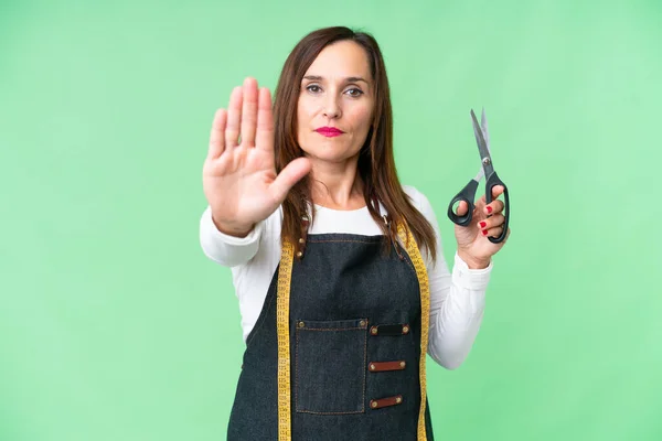 Seamstress Woman Isolated Chroma Key Background Making Stop Gesture — Photo