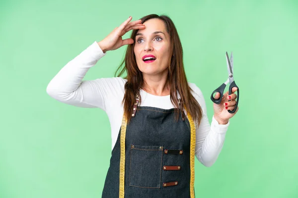 Seamstress Woman Isolated Chroma Key Background Doing Surprise Gesture While — Photo
