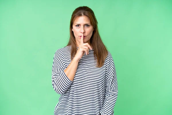Donna Mezza Età Sfondo Isolato Mostrando Segno Silenzio Gesto Mettendo — Foto Stock
